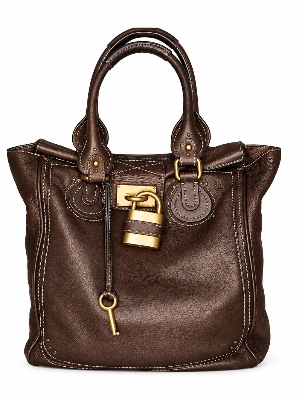 CHLOE Paddington Dark Brown Leather Laptop Tote Bag with Lock and Key Unisex
